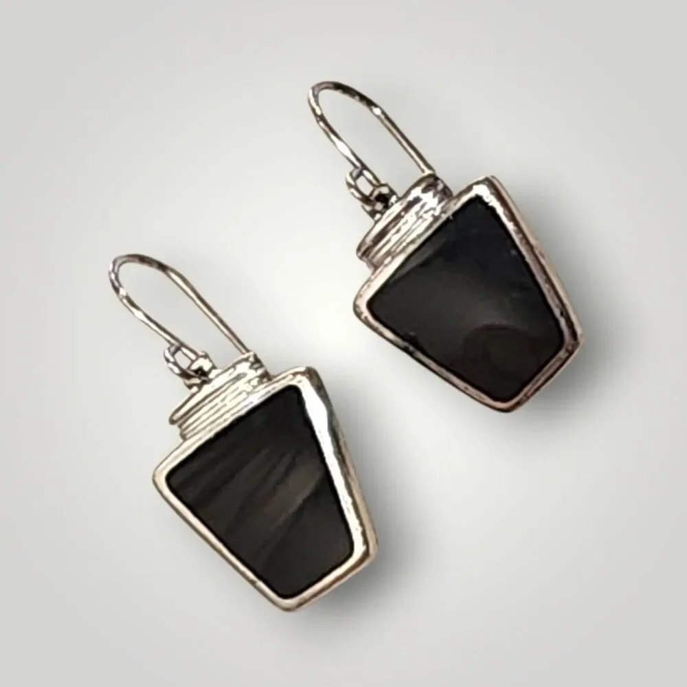 Vintage SU 925‎ Sterling Silver Onyx Inlay Dangle Pierced Hook Earrings 6g